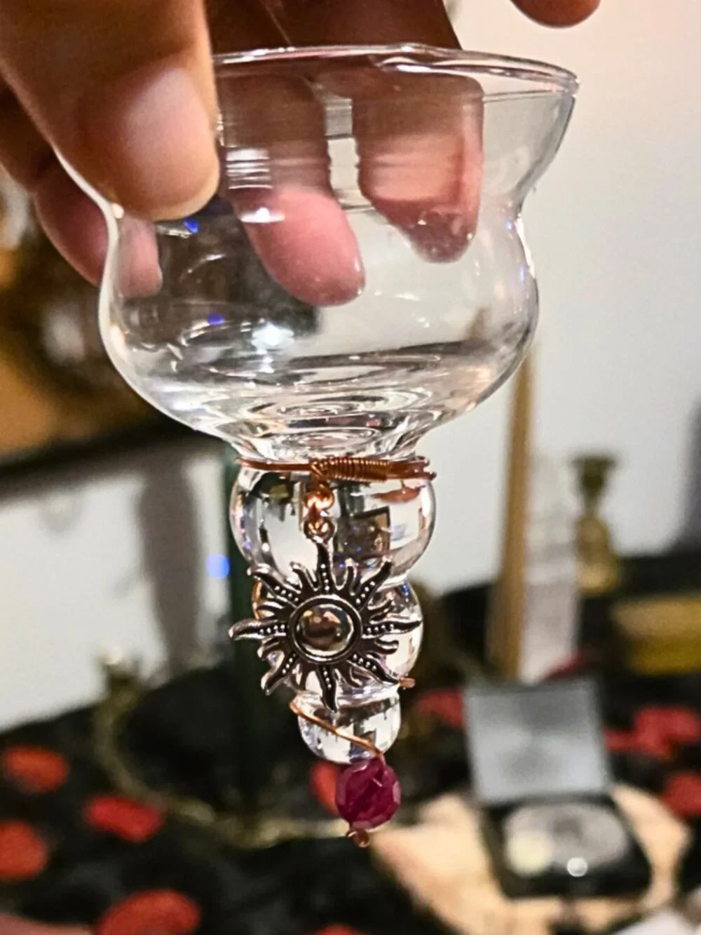 Gothic Celestial Candle Holder | Labradorite Moon, Sun Charms, Wrapped Copper